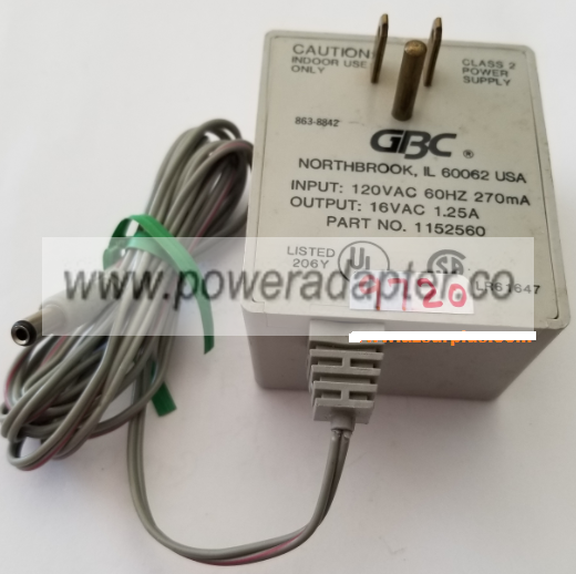 GBC 1152560 AC ADAPTER 16VAC 1.25A USED 2.5x5.5x12mm ROUND BARRE - Click Image to Close